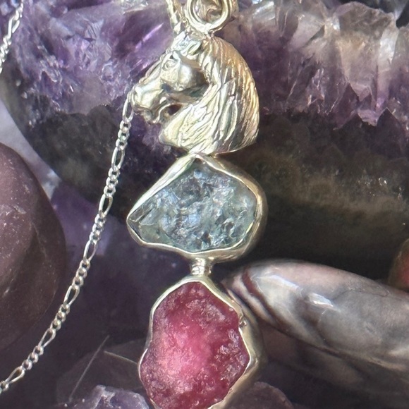 Magical unicorn ruby aquamarine long pendant with necklace - Picture 3 of 10